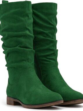 Mid Calf Slouch Suede Boots for Women - Comfy Flat Heel, Wide Calf, Winter Style